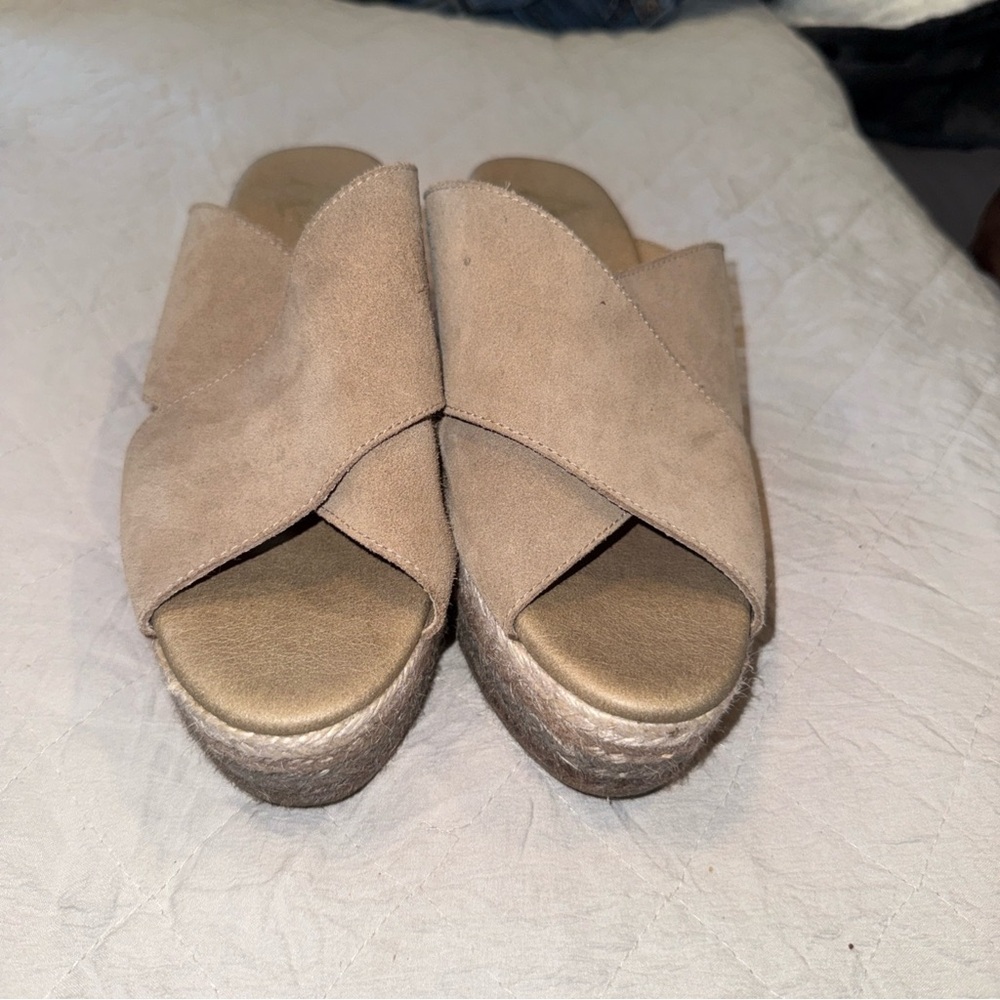 Apaseart Leather Suede Cross-Band Platform Slide in Taupe Espadrilles